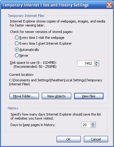 Internet Explorer's "History Settings" dialog